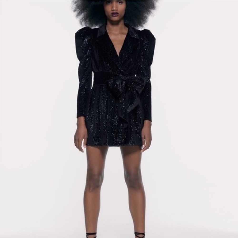 New ZARA Shiny Glittery Velvet Puff Sleeves Blazer Dress With Tie Belt - Picture 8 of 14